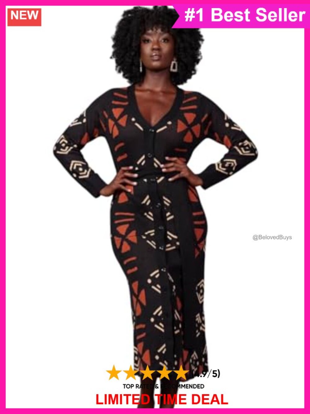 Rib Knit Belted Cardigan Dress African Kente Print Cotton Acrylic Calf Length